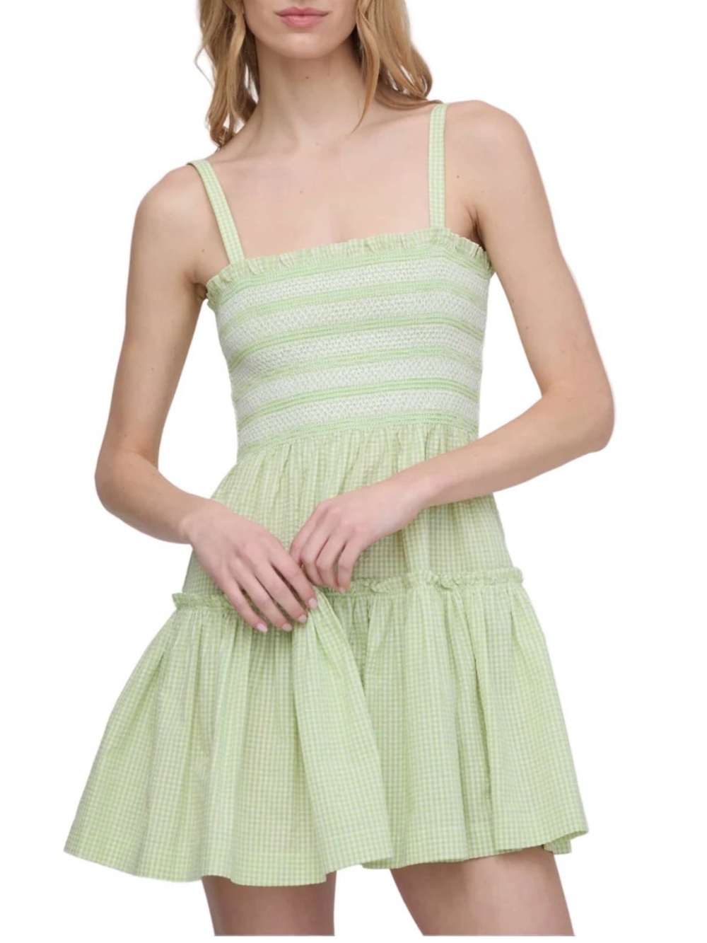 Hill House Light Green Gingham Smocked Mini Dress